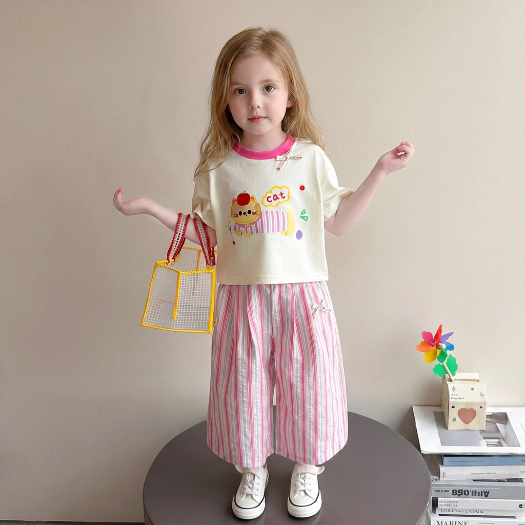 Girls Off White Cat Print T-Shirt With Striped Pants Sets Sets