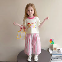 Girls Off White Cat Print T-Shirt With Striped Pants Sets Sets