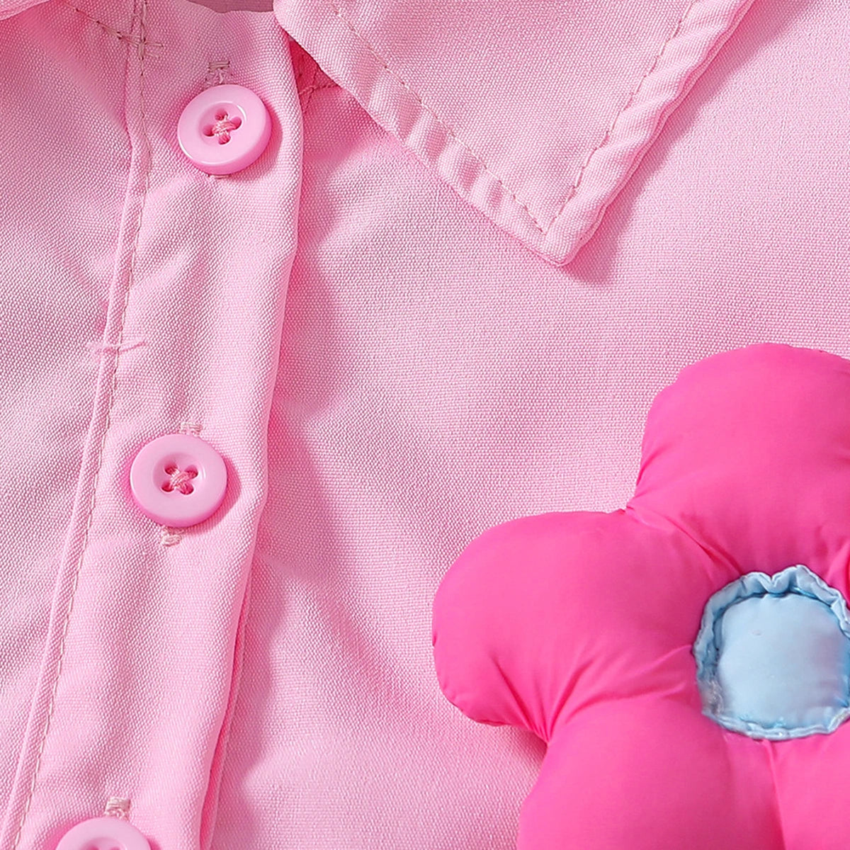 Girls Pink Flower applique Puff Sleeve Peplum Top With Denim Shorts Sets 2 pc. Sets