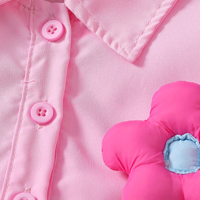 Girls Pink Flower applique Puff Sleeve Peplum Top With Denim Shorts Sets 2 pc. Sets