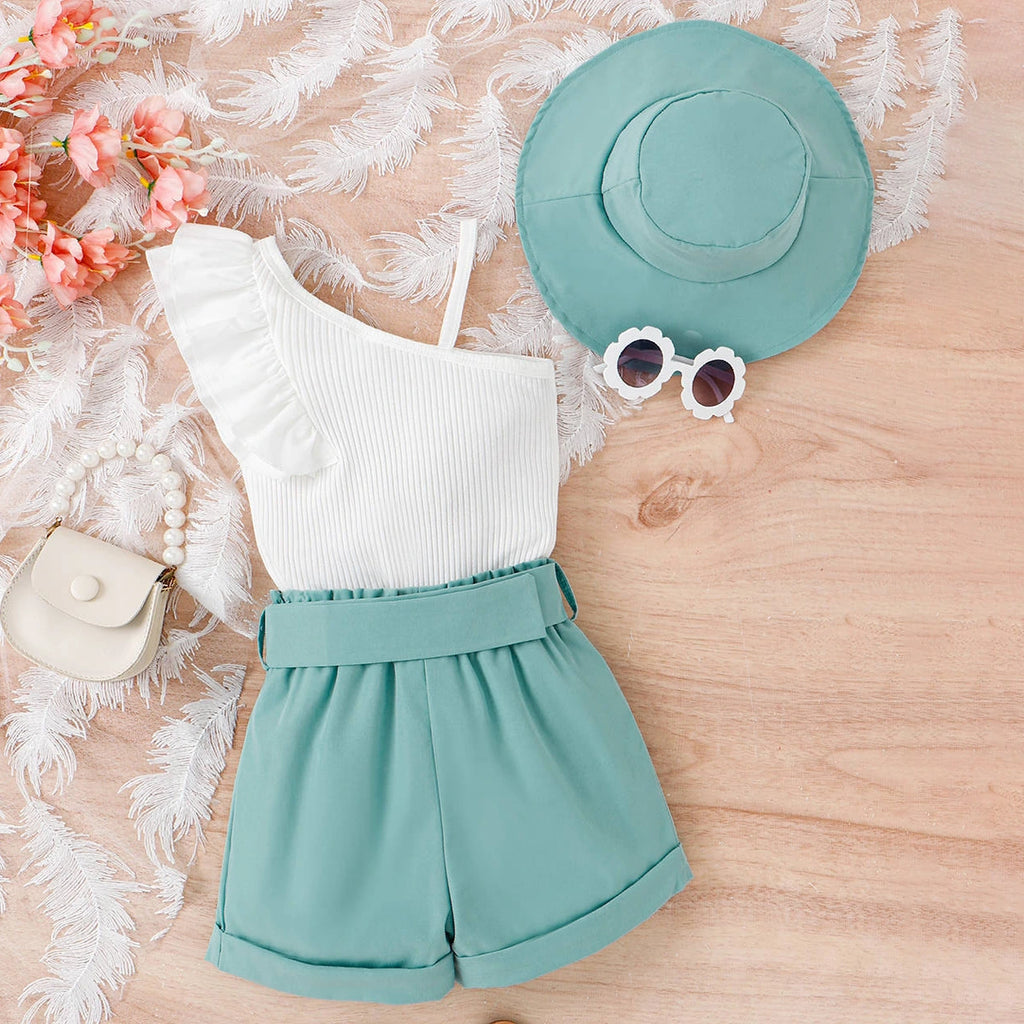 Girls White One-Shoulder Sleeveless Top With Shorts Sets 2 pc. Sets