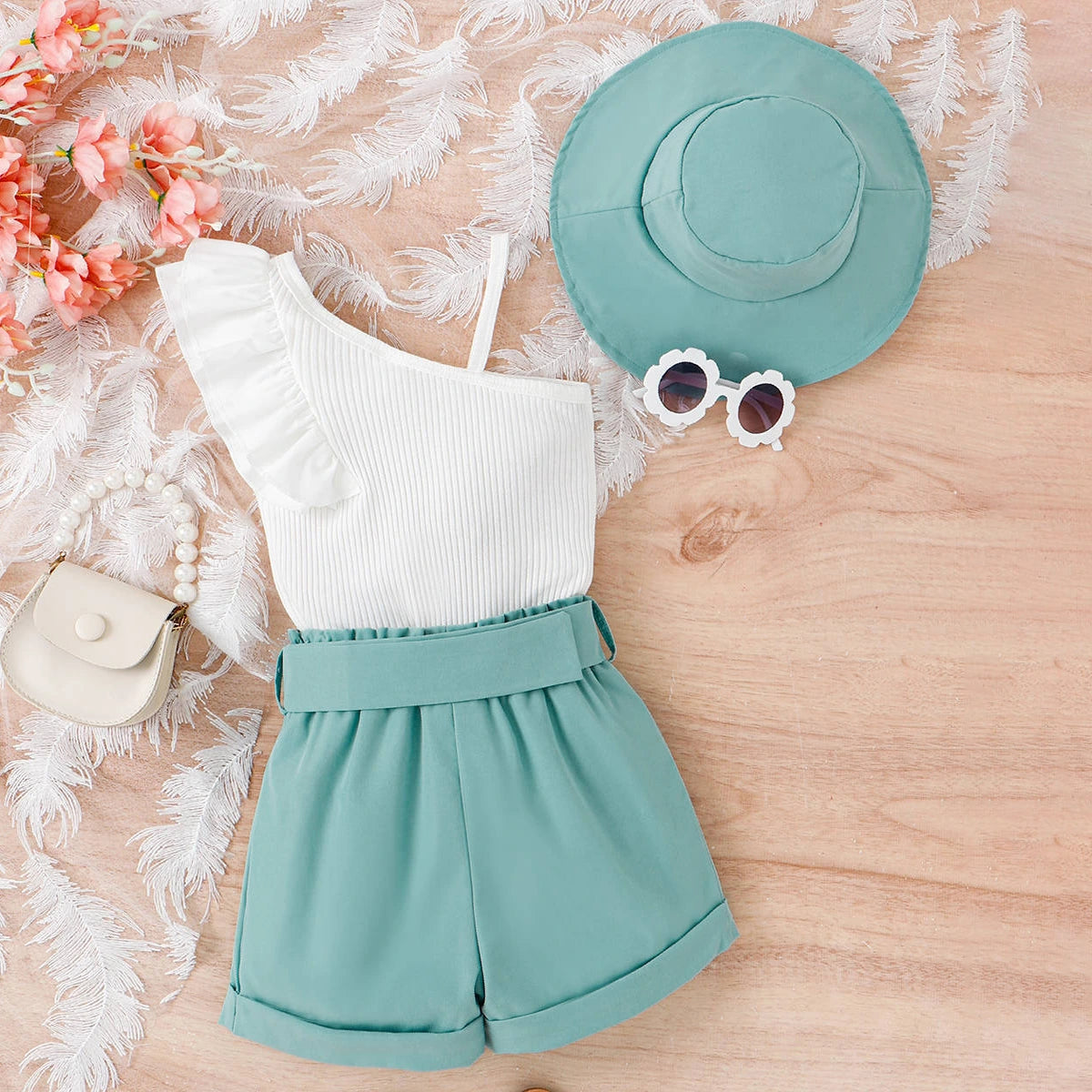 Girls White One-Shoulder Sleeveless Top With Shorts Sets 2 pc. Sets