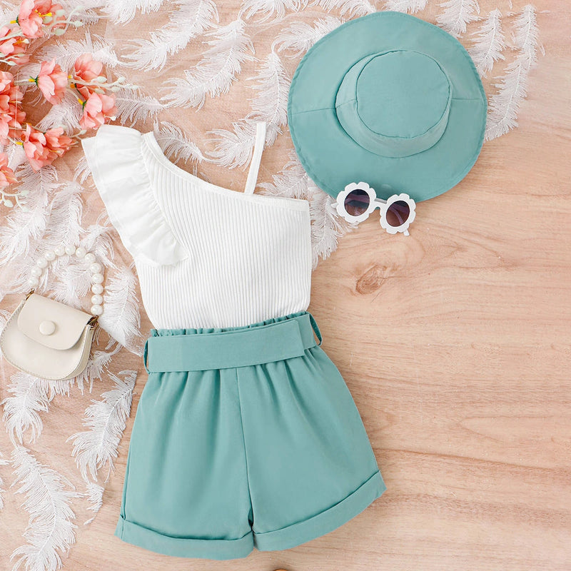 Girls White One-Shoulder Sleeveless Top With Shorts Sets 2 pc. Sets
