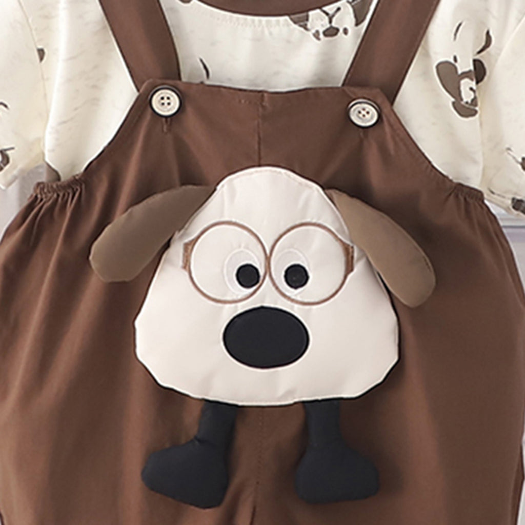 Boys Printed Short Sleeves T-Shirt With Dark Brown Dog Applique Dungaree Set 2 pc. Sets