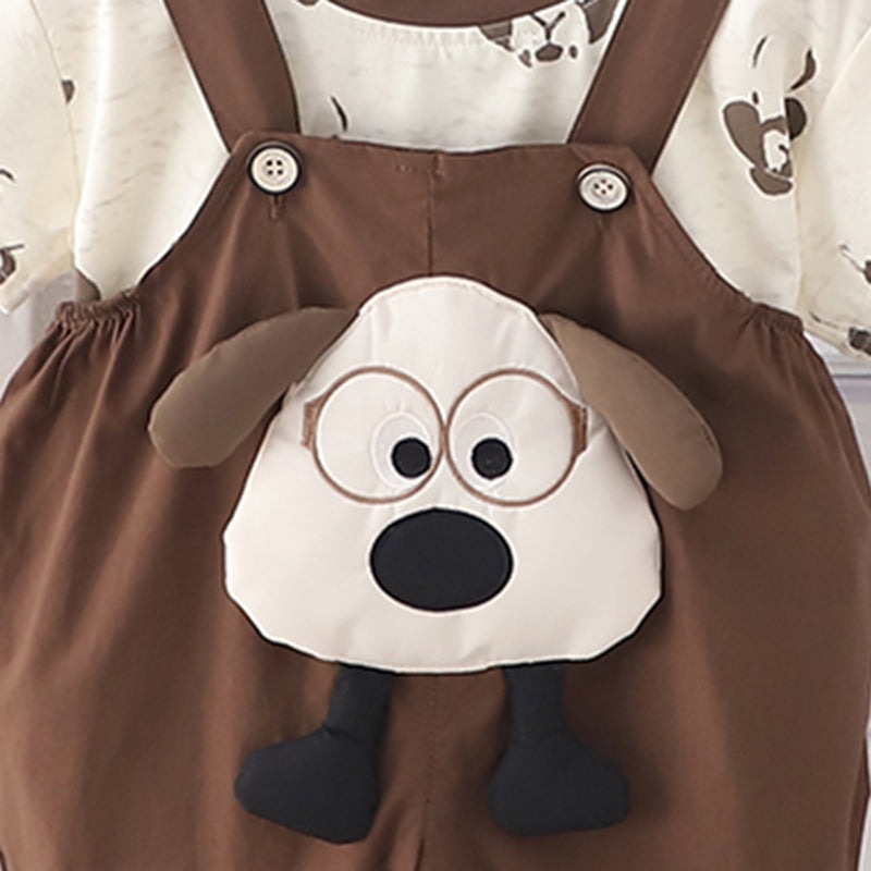 Boys Printed Short Sleeves T-Shirt With Dark Brown Dog Applique Dungaree Set 2 pc. Sets