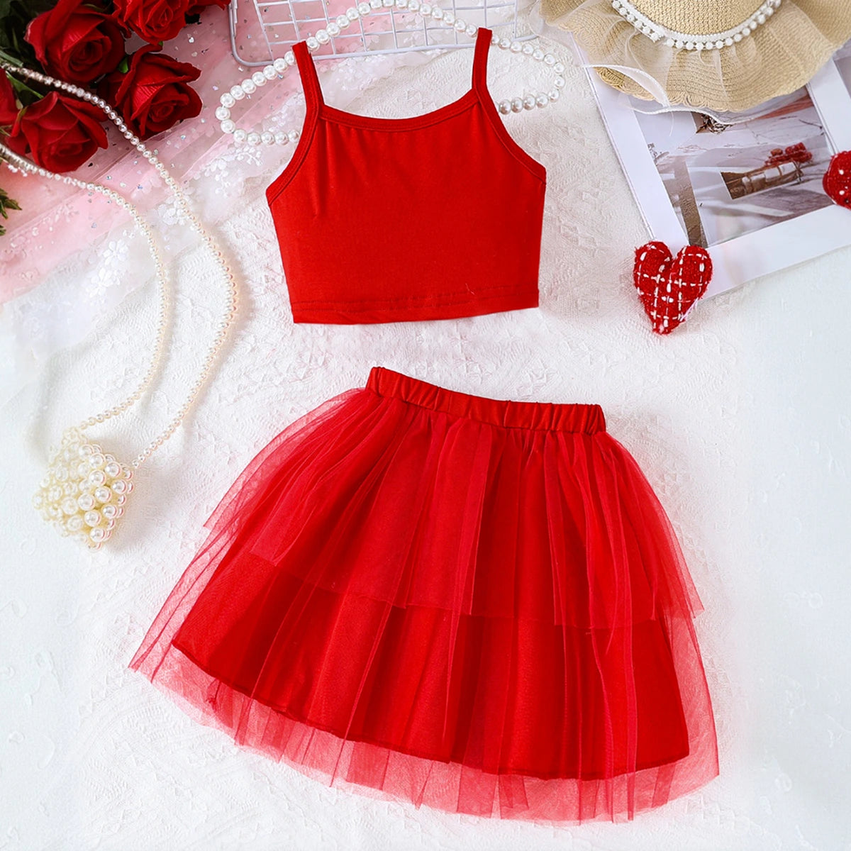 Girls Red Rose Applique Sleeveless Top With Elasticated Skirt Sets 2 pc. Sets