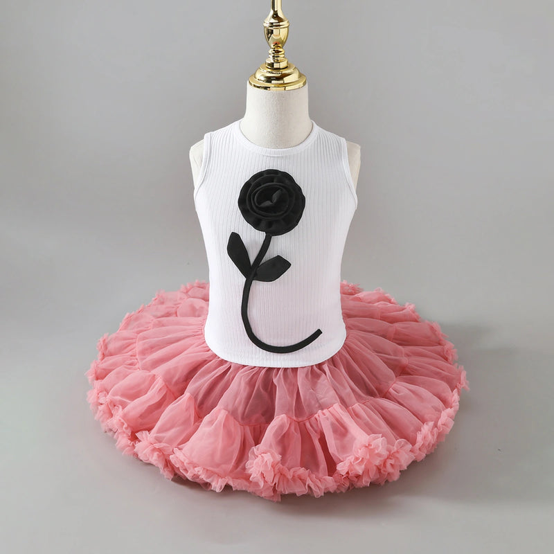 Girls Flower Applique Top With Peach Tiered Tulle Skirts Set Sets Peach 3-4 Y