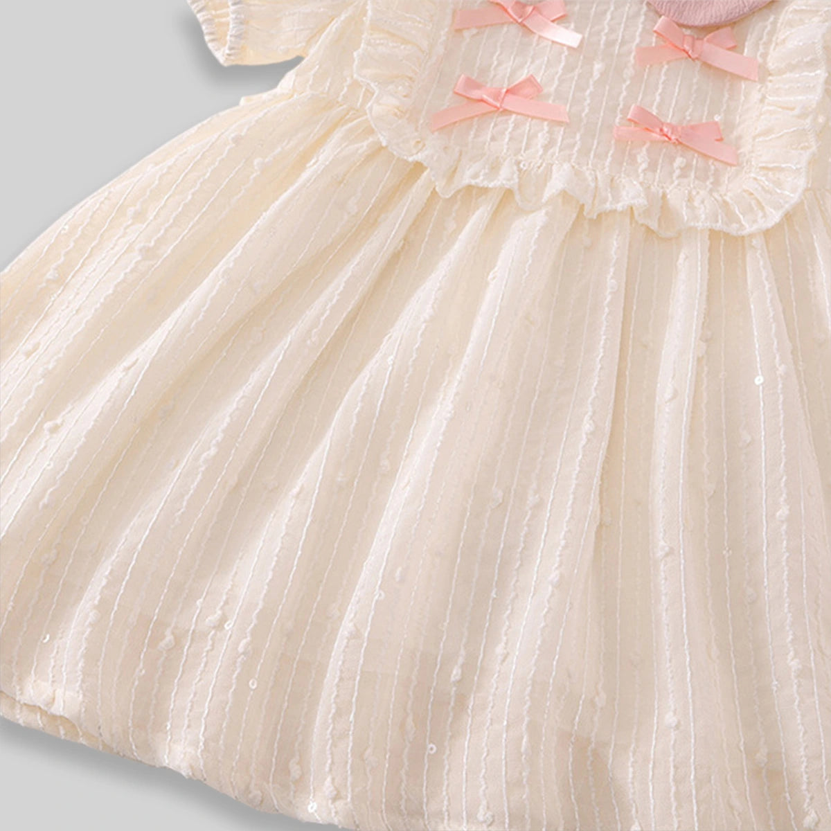 Girls Apricot Textured Bow Embellished Peter Pan Collar Dress Casual Dresses