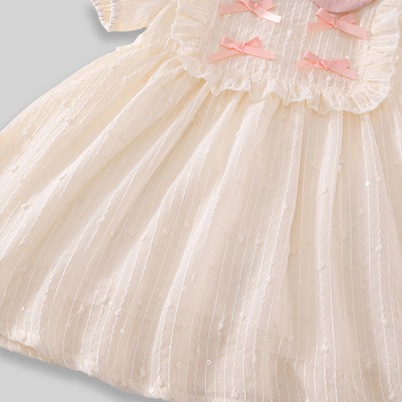 Girls Apricot Textured Bow Embellished Peter Pan Collar Dress Casual Dresses