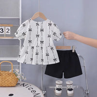 Girls Black Bow Print Puff Sleeve Top With Shorts Sets Sets