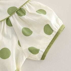 Girls Green Polka Dot Printed Puff Sleeves Top With Capri Set 2 pc. Sets