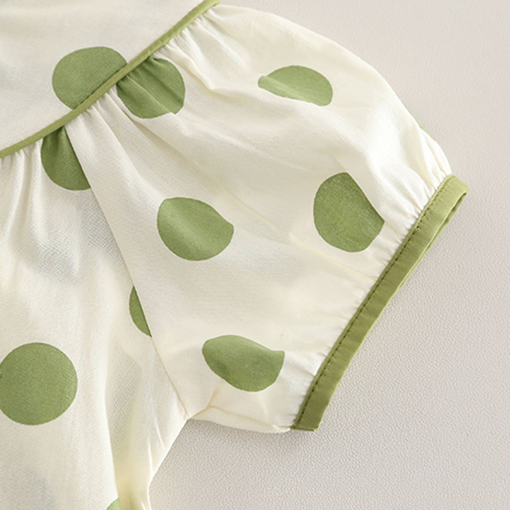 Girls Green Polka Dot Printed Puff Sleeves Top With Capri Set 2 pc. Sets