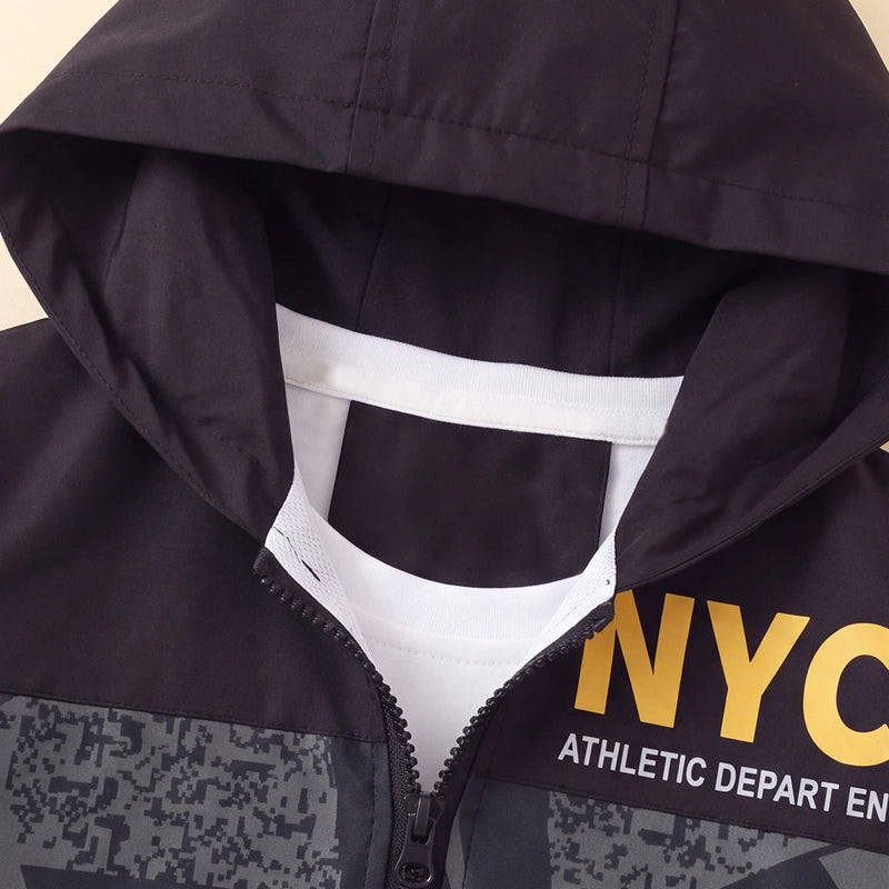 Boys Yellow Letter Printed Front Open Trendy Hooded Jacket Coats & Jackets
