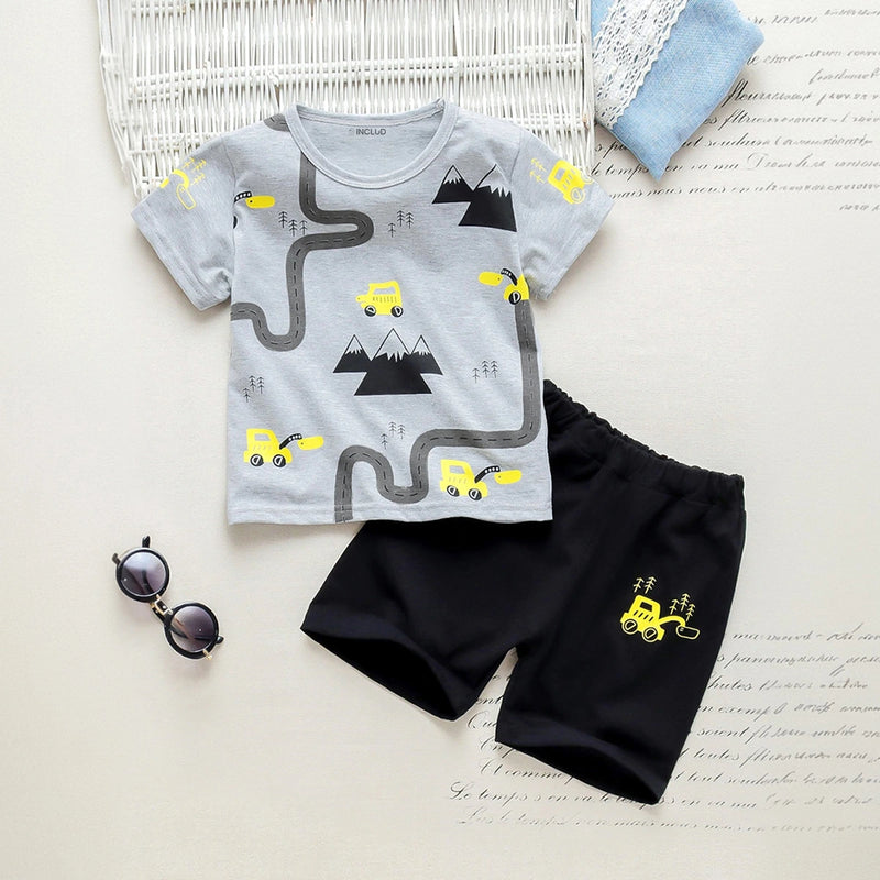 Boys Grey Graphic Print Round Neck T-Shirt With Shorts Sets 2 pc. Sets Grey 1-2 Y