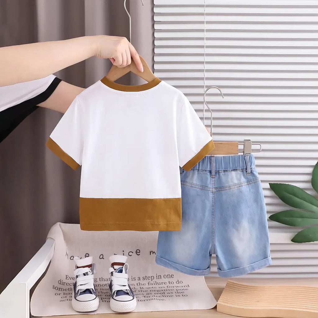 Boys White Graphic Printed Short Sleeve T-Shirt With Denim Shorts Sets 2 pc. Sets