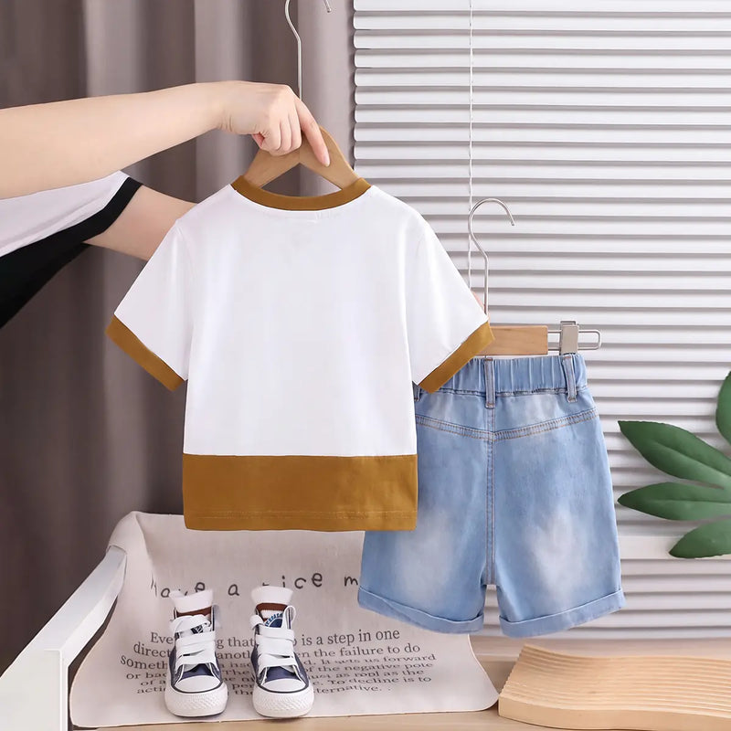 Boys White Graphic Printed Short Sleeve T-Shirt With Denim Shorts Sets 2 pc. Sets