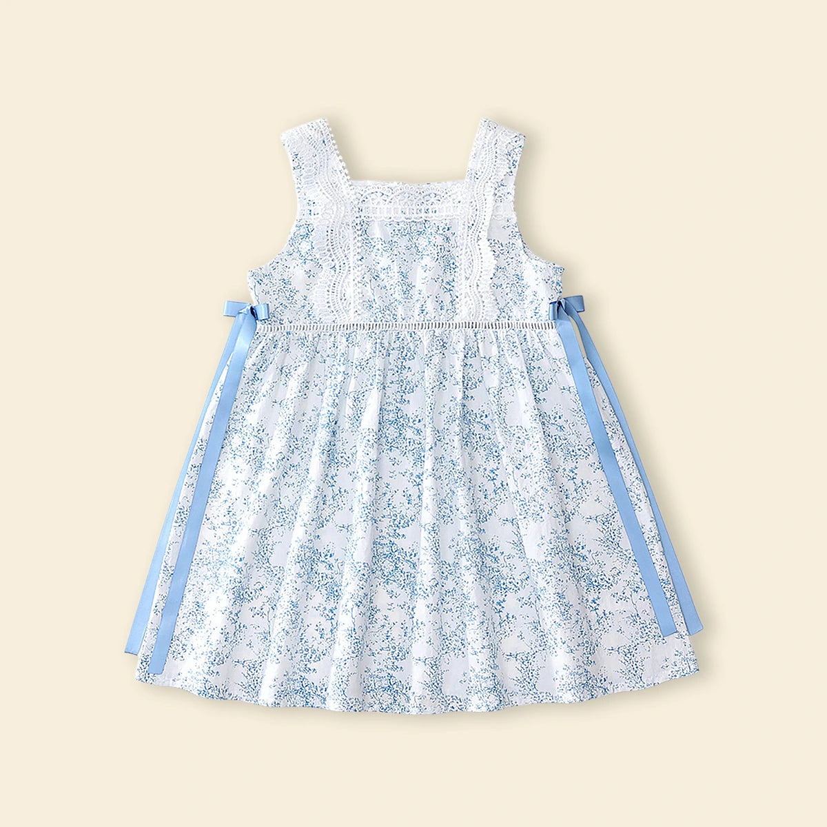 Girls Blue Printed Sleeveless Fit & Flare Dress With Neck Lace Trim Casual Dresses