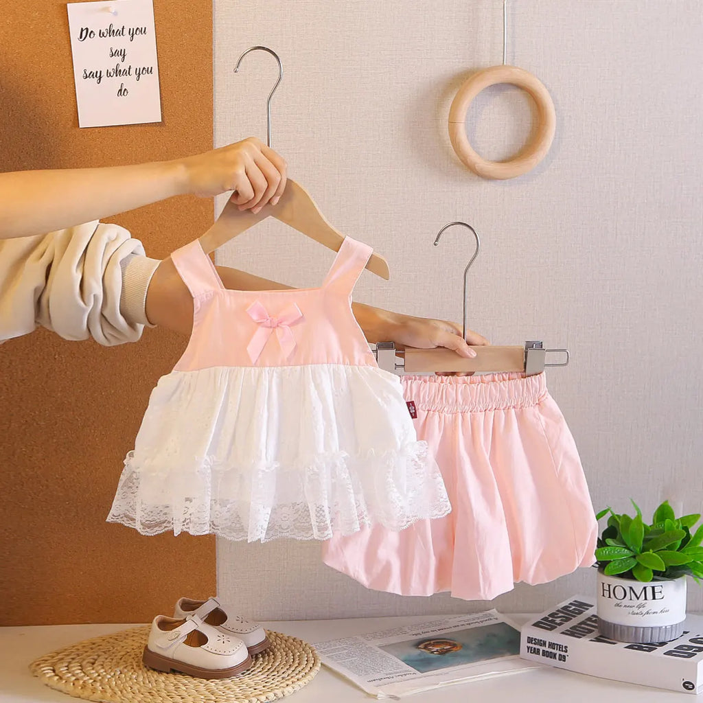 Girls Pink Sleeveless Lace Hem Top With Bloomer-style Shorts Sets Sets