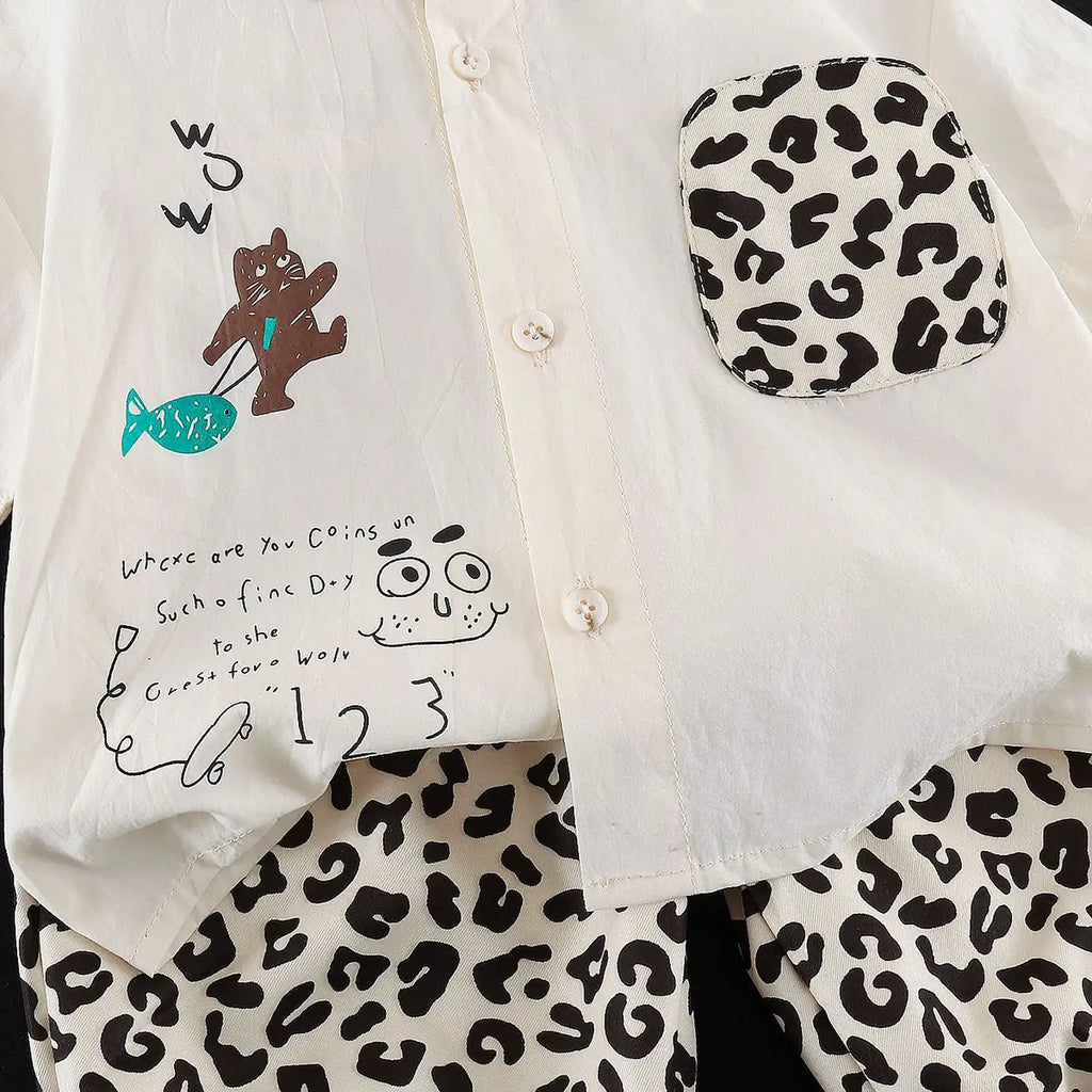 Boys Beige Animal Print Shirt with Elasticated Shorts Sets 2 pc. Sets