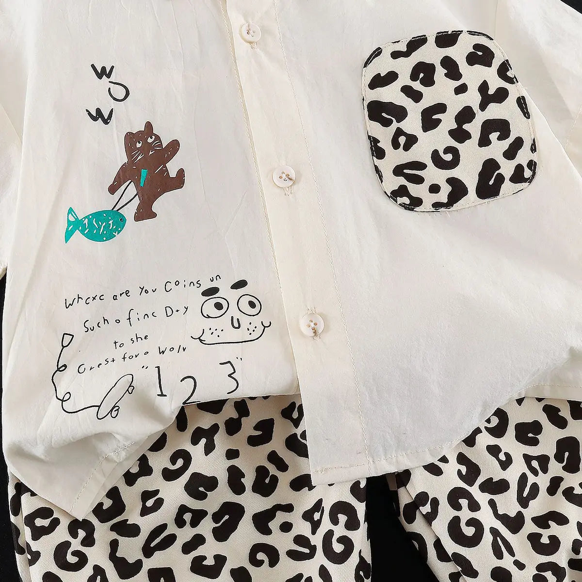 Boys Beige Animal Print Shirt with Elasticated Shorts Sets 2 pc. Sets