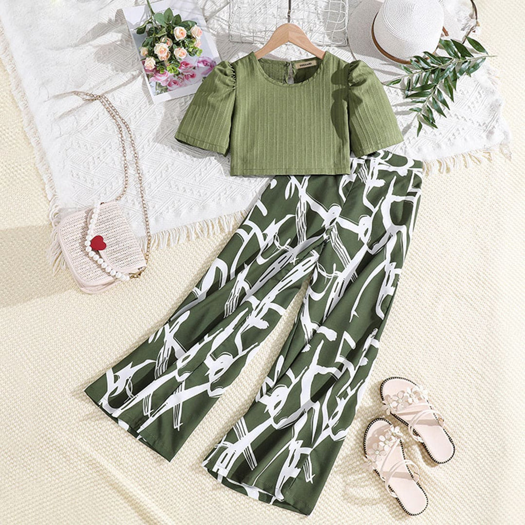 Girls Short Sleeve Top With Printed Pants Set