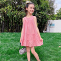 Girls Pink Solid Sleeveless Tiered Dress Casual Dresses Pink 3-4 Y