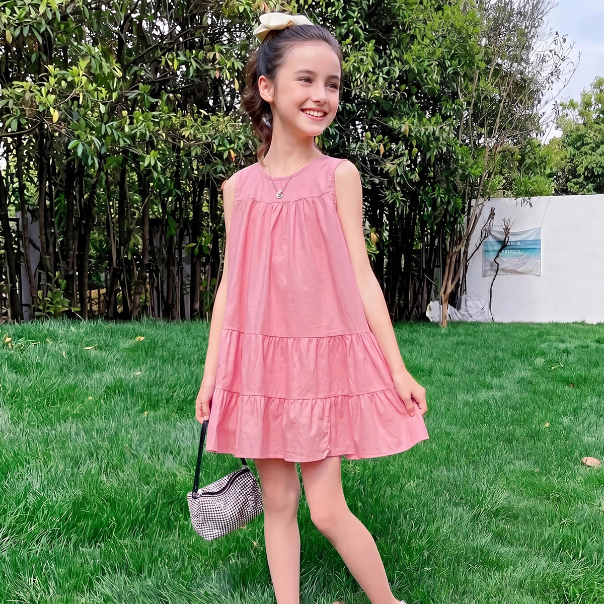 Girls Pink Solid Sleeveless Tiered Dress Casual Dresses Pink 3-4 Y