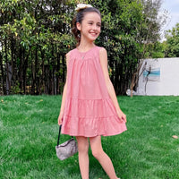 Girls Pink Solid Sleeveless Tiered Dress Casual Dresses Pink 3-4 Y