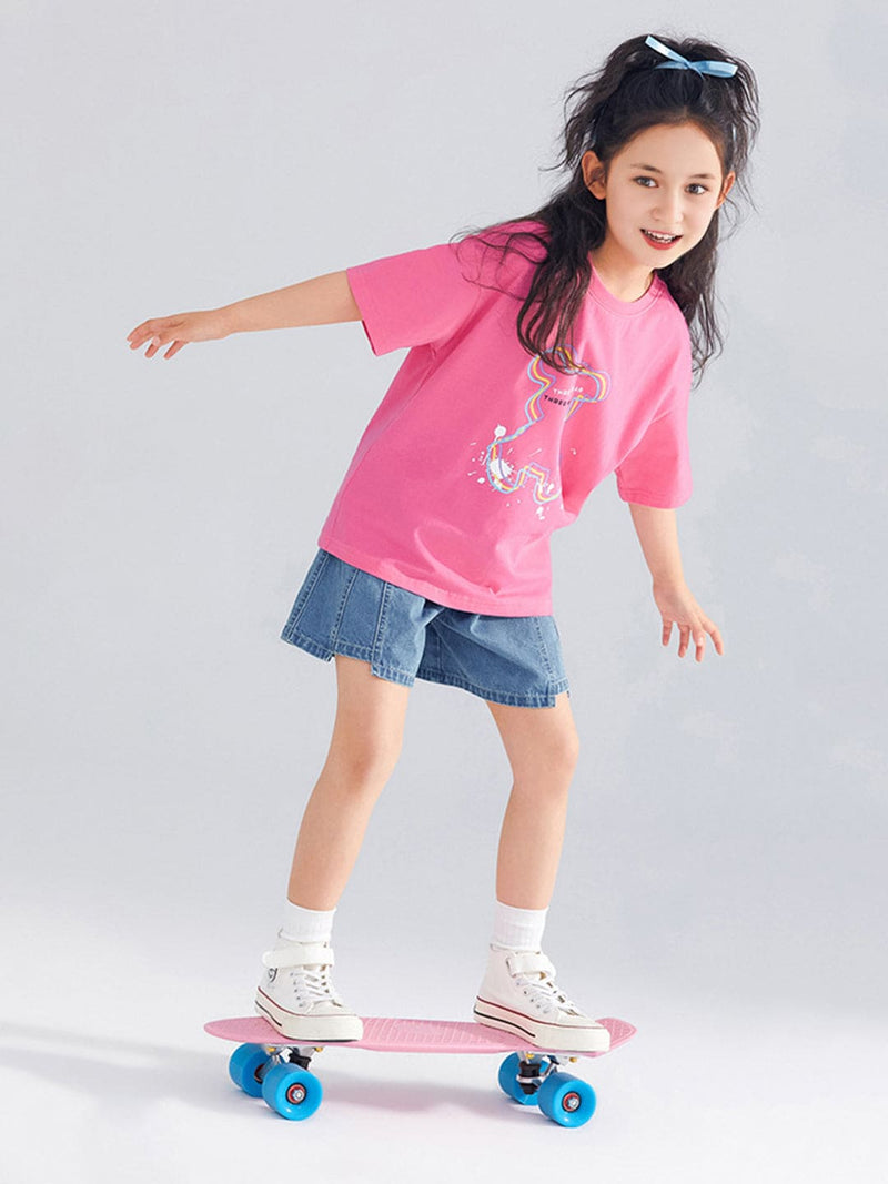 Girls Printed Oversized Casual T-shirt Tshirts Pink 6-7 Y 