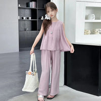 Girls Purple Sleeveless A-line Top With Pants Co-ord Sets Sets