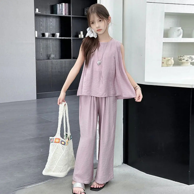 Girls Purple Sleeveless A-line Top With Pants Co-ord Sets Sets