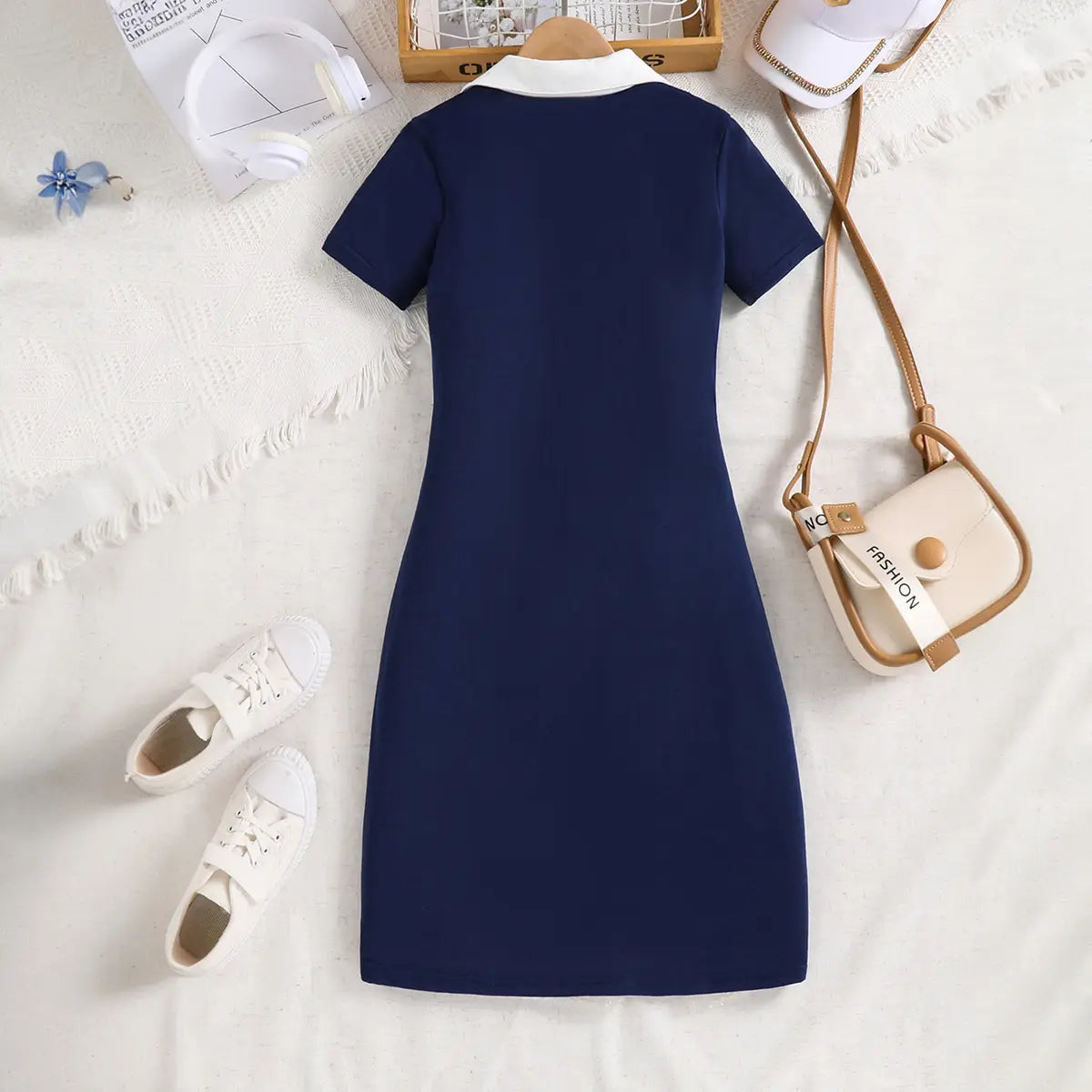 Girls Blue Typographic Printed Polo Collar Bodycon Dress Casual Dresses