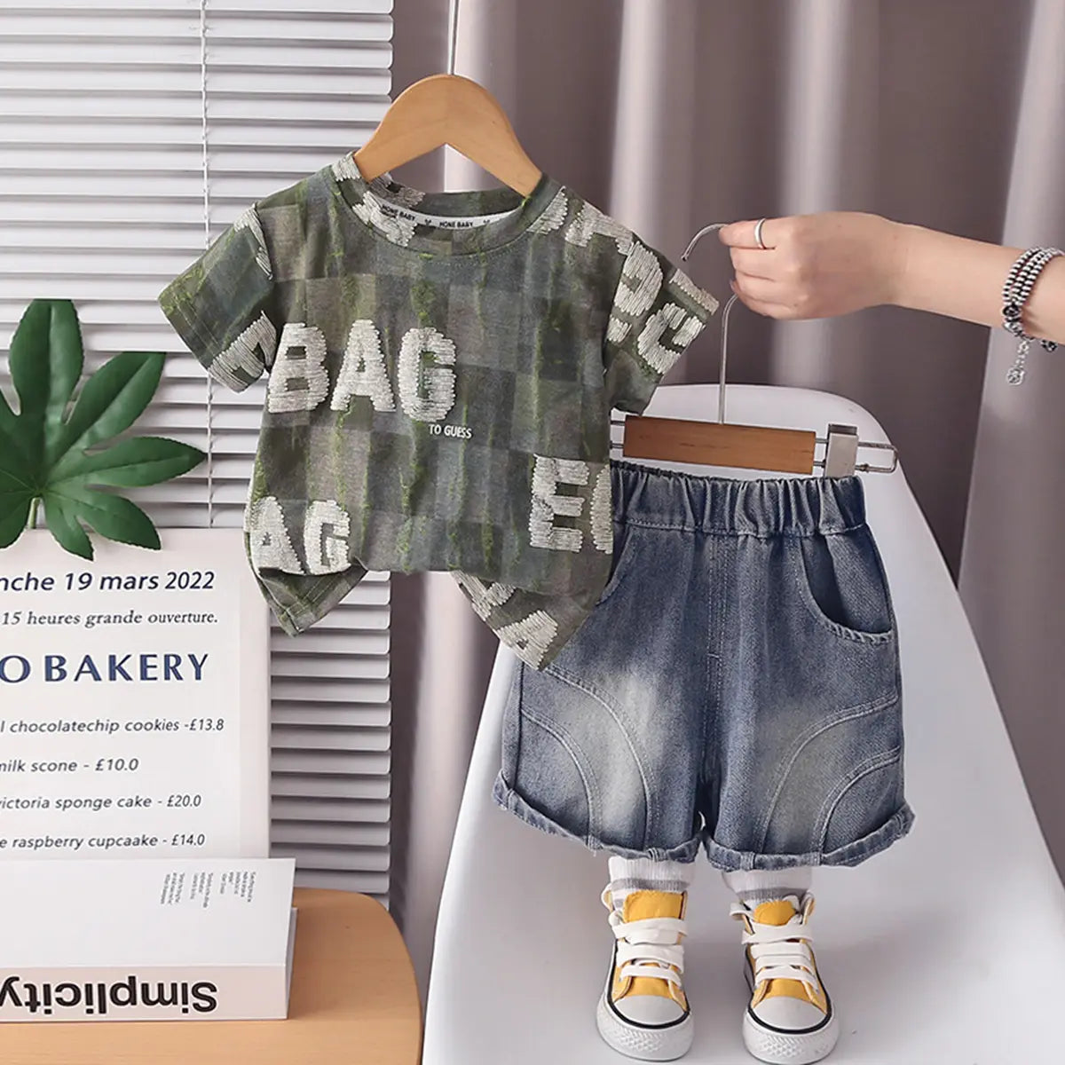 Boys Army Green Typographic Printed Short Sleeves T-Shirt With Denim Shorts Sets 2 pc. Sets Army Green 1-2 Y