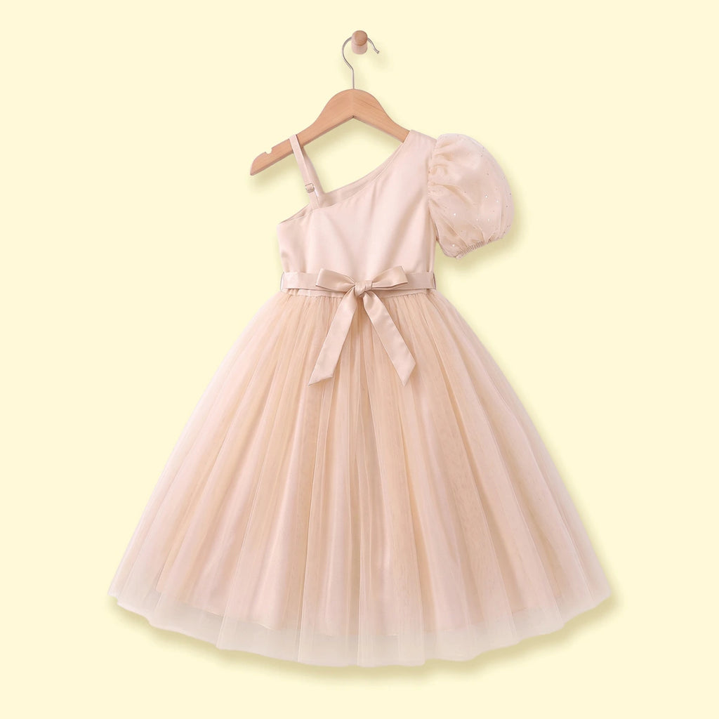 Girls Khaki Embellished One - Shoulder Flared Gown Party Dresses