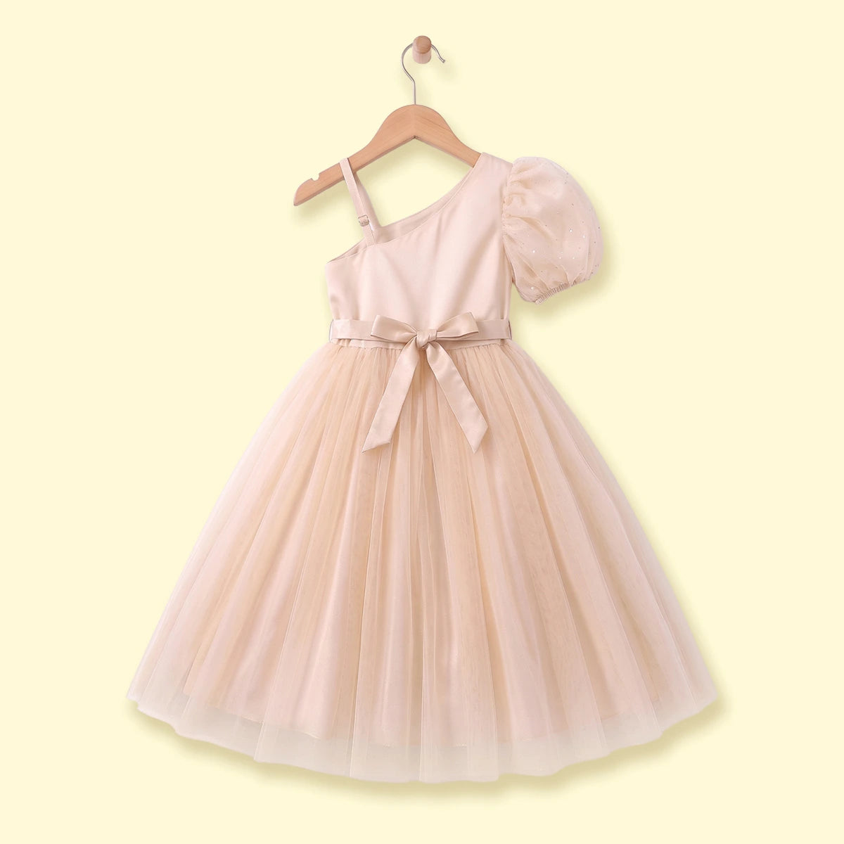 Girls Khaki Embellished One - Shoulder Flared Gown Party Dresses