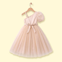 Girls Khaki Embellished One - Shoulder Flared Gown Party Dresses