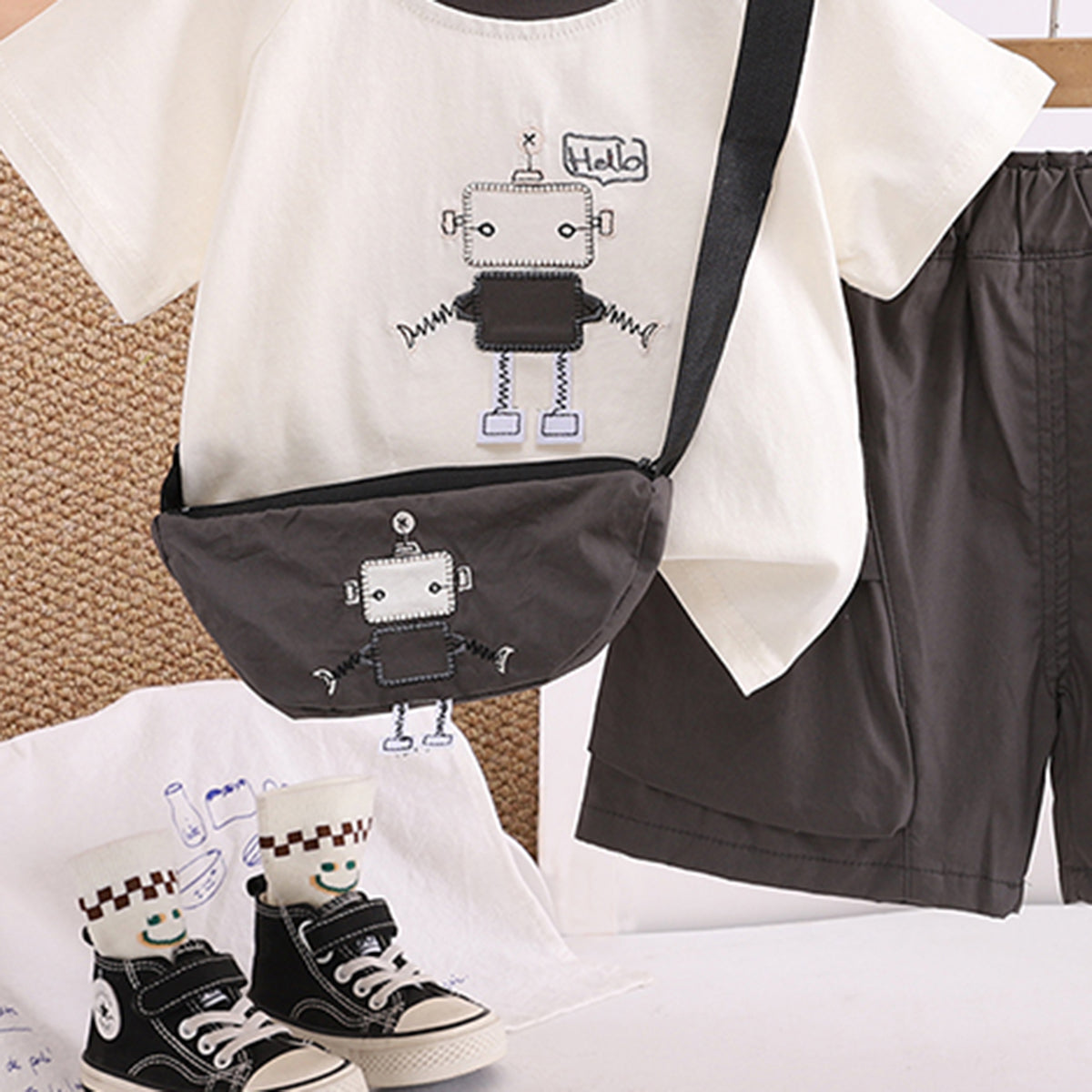 Boys Graphic Printed T-Shirt With Dark Grey Sling Bag And Cargo Shorts Set Sets