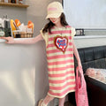 Girls Striped Heart Print Caps Sleeves A-Line Dress Casual Dresses Pink 6-7 Y 