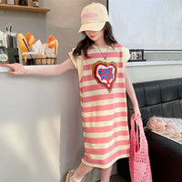 Girls Striped Heart Print Caps Sleeves A-Line Dress Casual Dresses Pink 6-7 Y 