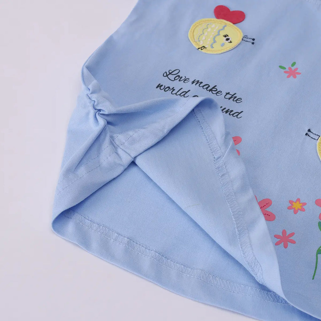 Girls Light Blue Floral Print Short Sleeve T-Shirt With Striped Shorts Sets 2 pc. Sets
