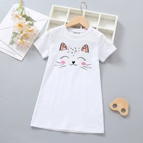 Girls White Cat Print Short Sleeve T-shirt Dress Casual Dresses White 4-5 Y