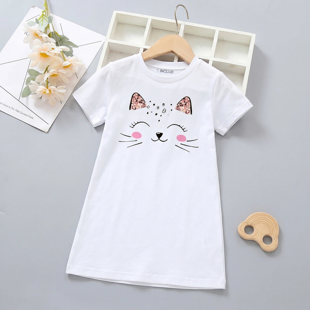 Girls White Cat Print Short Sleeve T-shirt Dress Casual Dresses White 4-5 Y