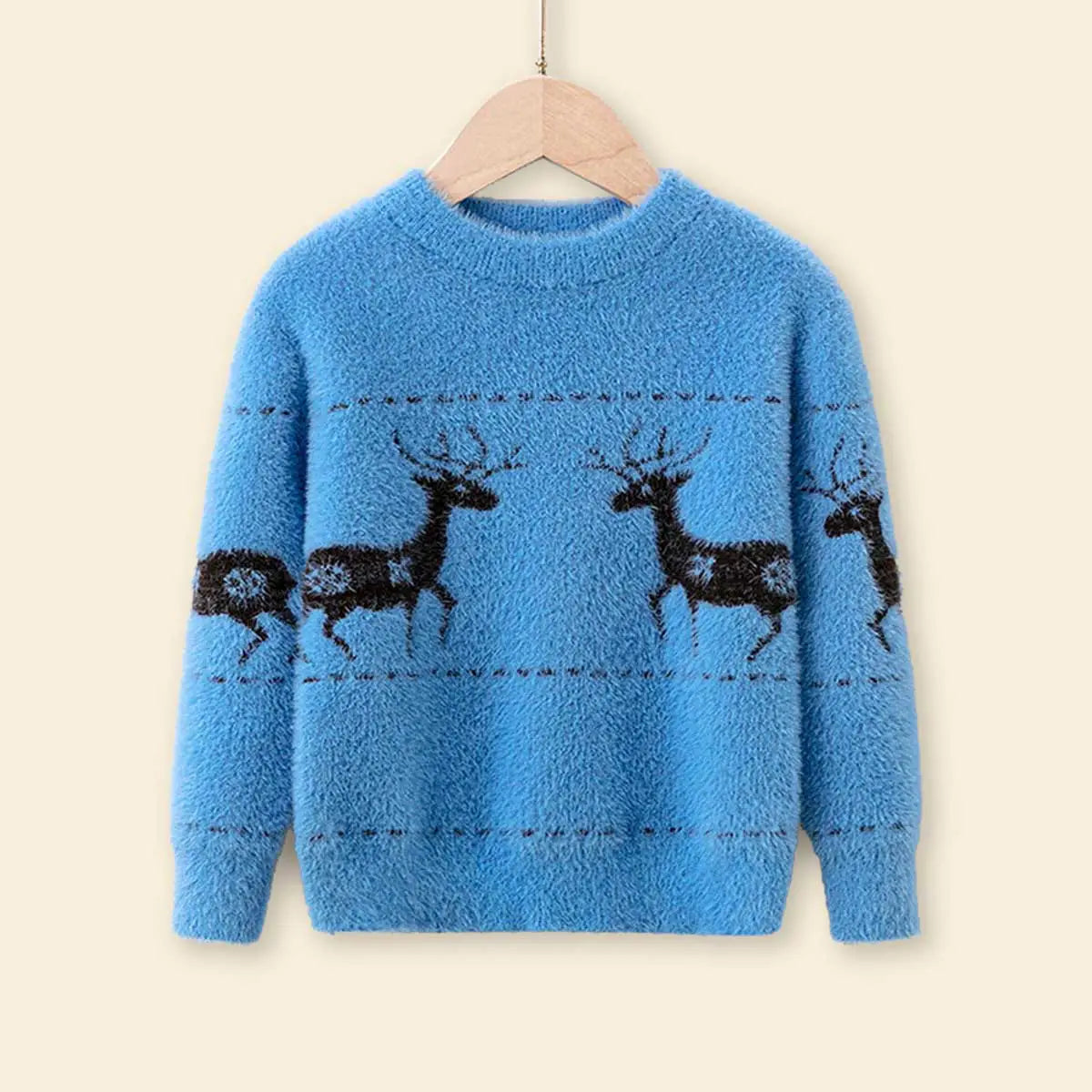 Boys Light Blue Sweater With Self-Design Reindeer Patterns Sweaters & Cardigans