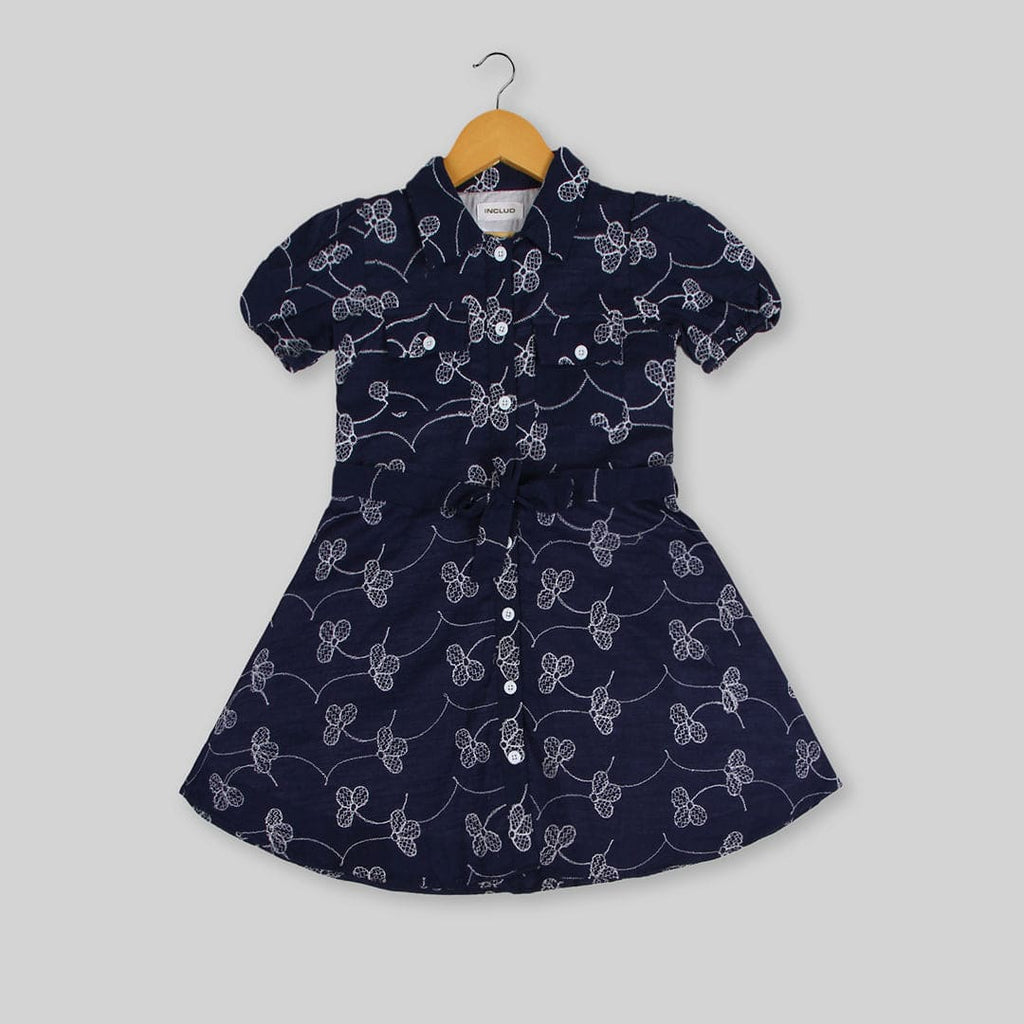 Girls Floral Embroidery Double Pocket Fit & Flare Dress