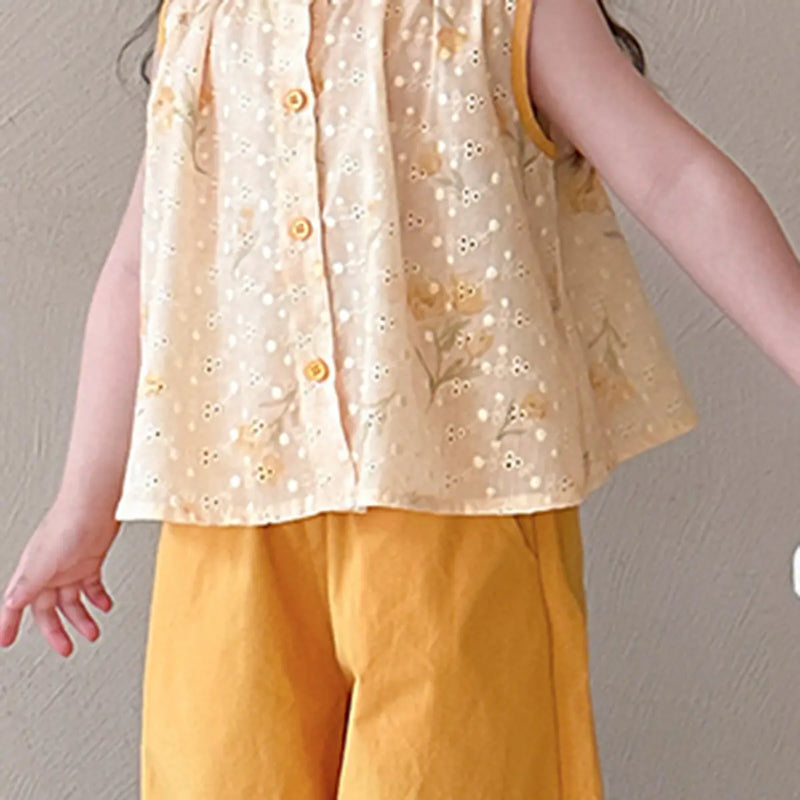Girls Yellow Schiffli Mandarin Collar Top With Pants Sets Sets