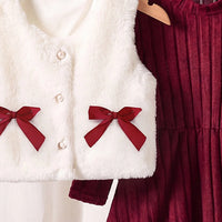 Girls Burgundy Textured Long Sleeve A-line Dress With Shrug Casual Dresses