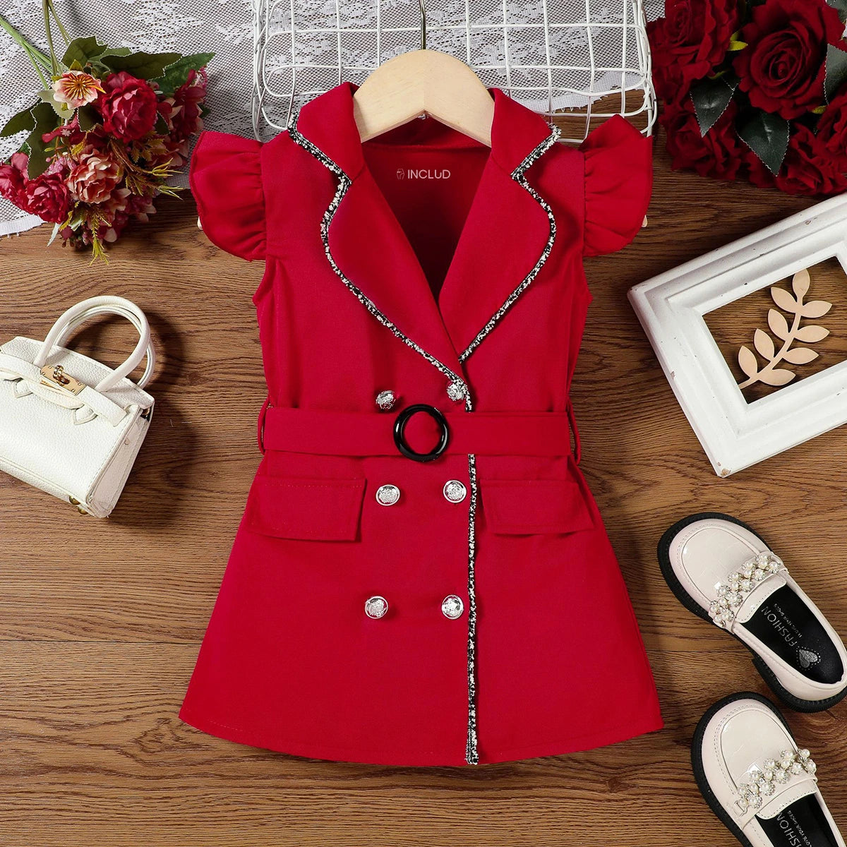 Girls Red Cap Sleeve Belted Blazer Dress Casual Dresses Red 1-2 Y