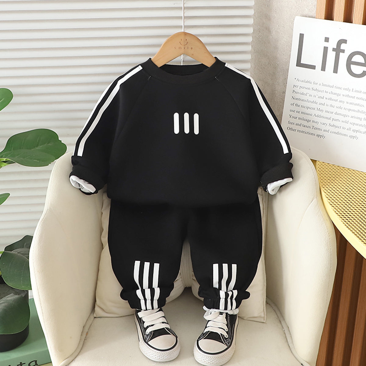 Boys Black Long-Sleeve Crewneck Sweatshirt & Elasticated Pants Sets With White Stripe 2 pc. Sets Black 1-2 Y