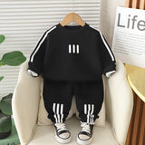 Boys Black Long-Sleeve Crewneck Sweatshirt & Elasticated Pants Sets With White Stripe