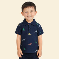 Boys Navy Blue Allover Dinosaur Printed Short Sleeves Polo T-Shirt Tshirts